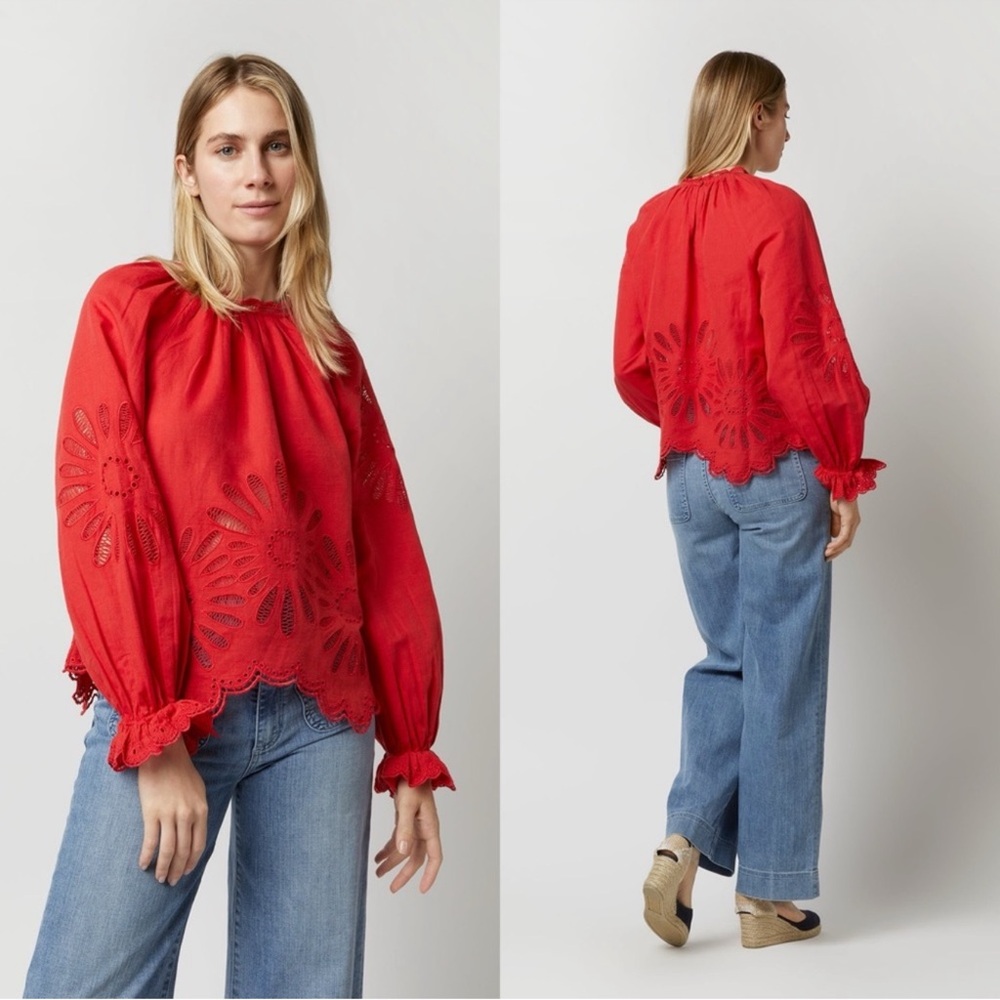 Ulla Johnson | Louisa Red Floral Eyelet Linen Blend Blouse Women’s Sz 6 - Picture 5 of 7
